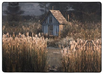 HHGFASD Tappeto con motivo cabina accanto alle canne, 203 x 147 cm, tappeto per soggiorno, ufficio, tavolino da caffè, letto, balcone, morbido, soffice, assorbe l'acqua, durevole