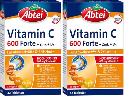 Abtei Vitamin C 600 Forte mit Zink und Vitamin D3 - für Abwehrkräfte und Zellschutz - hochdosiert, glutenfrei, laktosefrei, laborgeprüft - 42 Tabletten (Packung mit 2)