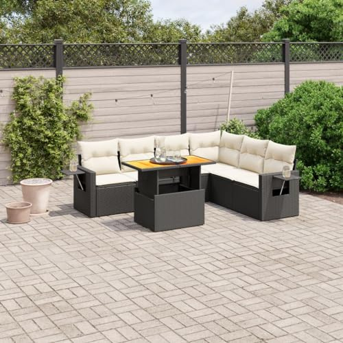 JHQHSM Set di 7 divani da giardino con cuscino in polyrattan nero, tavolo regolabile e set di seduta modulare per terrazza, resistente tessuto in polietilene, coprisedili lavabili, pieghevoli, 7 pezzi