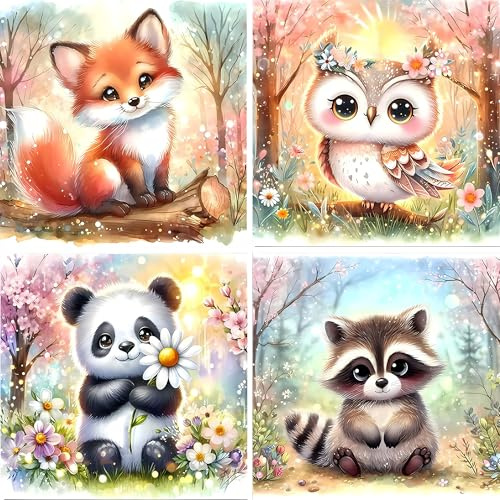 Tyanlenr 4er Set Diamond Painting Kinder Tiere 15x15 CM, 5D Cartoon Diamant Painting Bilder Tiere, DIY Vollbohrer Diamant Malerei Sets für Mädchen und Jungen