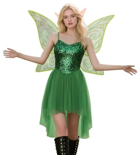 Disfraz Campanilla Mujer 2 Piezas Disfraz Campanilla Adulto Disfraces Hada Mujer Disfraces de Cosplay Ropa Carnaval Bosque para Adulto Halloween Party y Disfrazado Vestido Verde para Baile