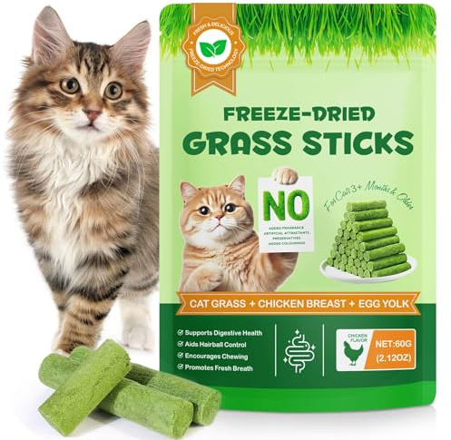Cat Grass Sticks, 60G Freeze Dried Grass Treats for Supports Digestive Health & Aids Hairball Control,Indoor Kitty Lickable Edible Snack,Encourages Chewing,Grain-Free