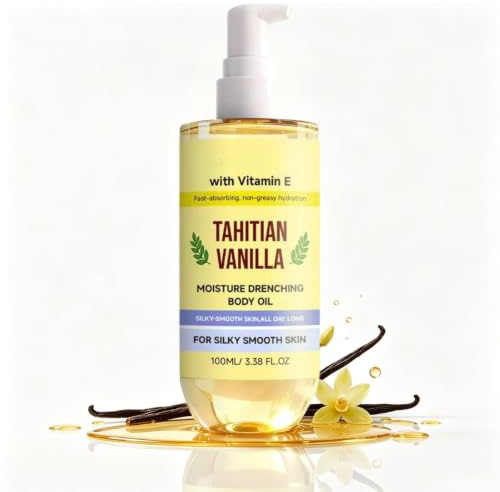 Tahitian Vanilla Body Oil 100ml,Moisturizing Vanilla Body Oil for Dry Skin | Deep Hydrating After-Shower Care with Vitamin E, Smooth & Silky Daily Body Oil - Fast-Absorbing Lightweight Non-Greasy