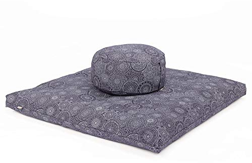 Bodhi Juego de meditación | Maharaja Collection | Esterilla de meditación (zabuton) y cojín de meditación Rondo con relleno de espelta, funda de algodón, base para meditación (mandala/azul oscuro)