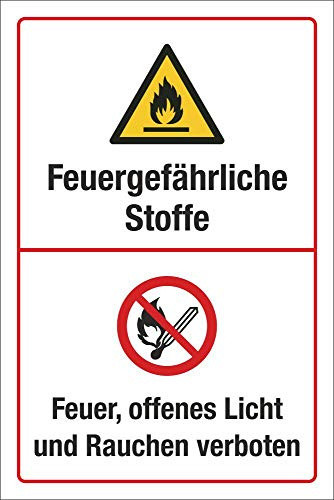 Schild Feuergefährliche Stoffe Feuer Licht Rauchen verboten 300 x 200 mm | 3 mm Alu-Verbund, wetterfester UV-Direktdruck, robust und langlebig, Made in Germany