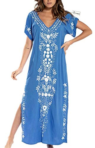 L-Peach Vestido Largo con Floral Bordado Mujer, Azul Bordado, Talla única