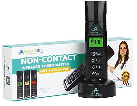 Amplim Baby Thermometer | 3-in-1 Accurate Infrared Thermometer for Ear, Forehead & Touchless, Fever Thermometer for Baby, Infants, Toddlers, Kids & Adults | Base Stand & Clock (Black)