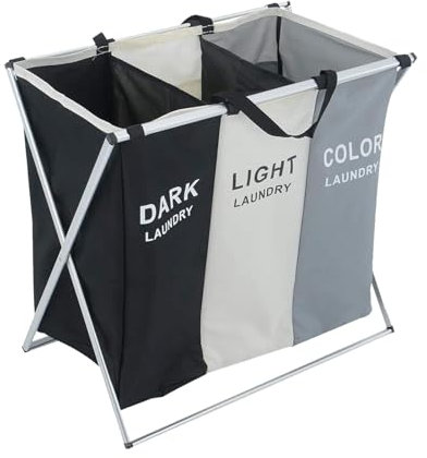 YORKING Large Laundry Basket 3 Sections Aluminium Folding Laundry Cloth Basket Washing Hamper Bin Storage Bag Light Dark for Bedroom Black and white gray