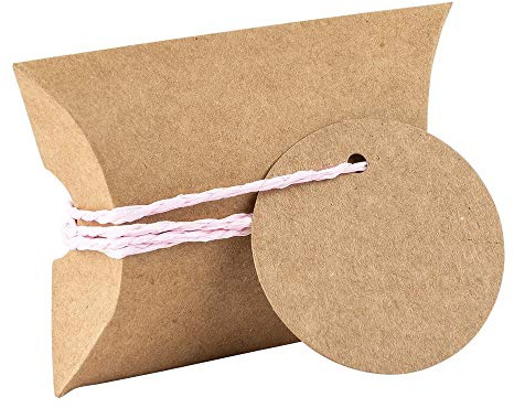 Ideen mit Herz Kraftpapier-Kissentaschen | 50 Stück | 6,5 x 9 cm | 230g/m² | inkl. Anhänger & Bänder | kleine Geschenkschachteln, Geschenkboxen | ideal für Gastgeschenke (rosa Papierkordel)