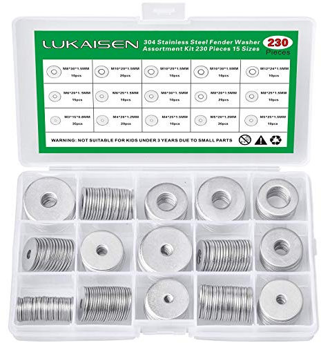 Unterlegscheiben Set Edelstahl, 230 Stück Flach, Sicherungsscheiben Sortiment, mit Einer Sortimentskasten.Insgesamt 15 Verschiedene Größen (M3 M4 M5 M6 M8 M10 M12)