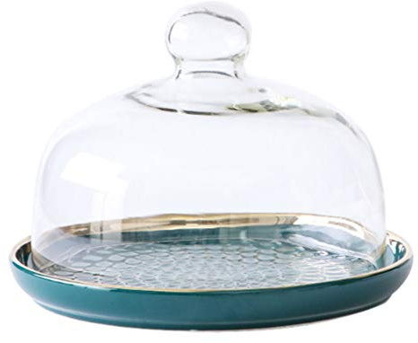 DOITOOL Green Ceramic and Glass Cake Plate with Airtight Cover, Elegant Dessert Display Plate and Biscuit Tray for Kitchen and Hotel Use