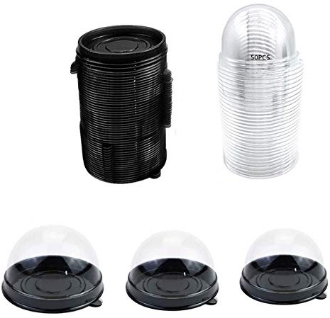50 Packs of Mini Cake Box, Cake Packing Box, Transparent Plastic Biscuit Muffin Dome Box 2 inch Moon Cake Box With Transparent Dome for Wedding Birthday Party (Black)