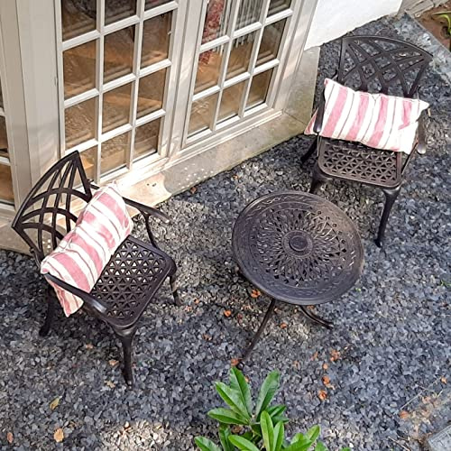 Lazy Susan 80 cm Runder Anna Gartentisch in Antik Bronze mit 2 April Stühlen und terrakotta Sitzkissen | Nachhaltiges Sandguss-Aluminium | Wetterfest | Rostfrei | Wartungsarm | 3 Jahre Garantie