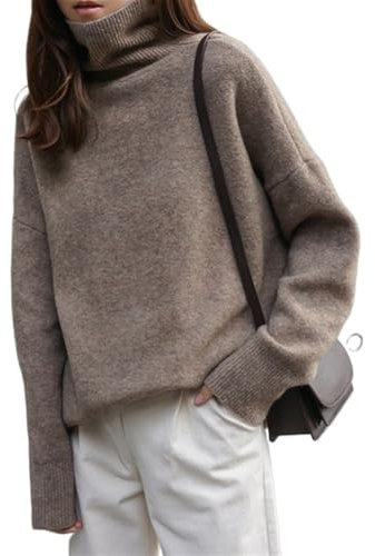 Pullover Damenbekleidung High-Hals-Kaschmir-Pullover Frauen verdickter Pullover lose Absicherung faul Strick-Basis-Pullover (Color : Camel, Size : S)