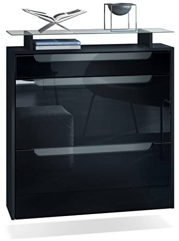 Vladon Schuhschrank Annie, Schuhkipper für 16 Paar Schuhe mit 2 Klappen, 1 Schublade und Glasablage, Schwarz matt/Schwarz Hochglanz, Griffmulden in Grau Hochglanz (89 x 95,5 x 23 cm)