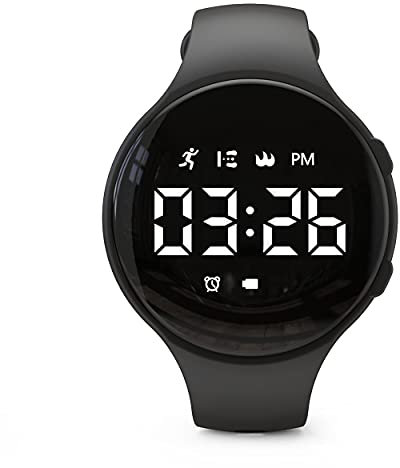 Reloj de fitness con LED sin Bluetooth, podómetro digital, con cuenta de pasos, distancia, calorías, cronómetro, reloj despertador, gran regalo para niños, niñas y niños de Navidad (redondo, negro)