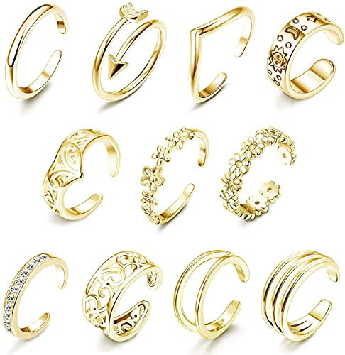Adramata 11 Pcs Réglable Femme Bague Orteil 14K Plaqué Or Simple Flèche Ouverte Fleur Coeur Pied Bijoux Bague Orteil Ensemble
