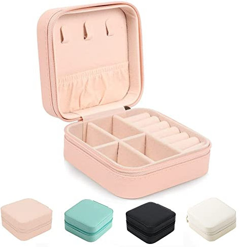FOME Small Portable Jewelry Box Organizer - PU Leather Mini Travel Storage Case for Rings, Earrings, Necklace, Bracelets - Gift for Women and Girls