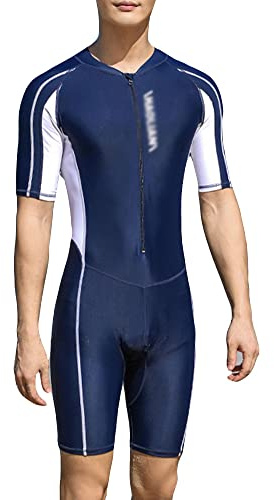 YAOTT Män baddräkt i ett stycke Boyleg kortärmade badbyxor färgmatchande sport snabbtorkande surfdräkt dykning solskydd professionella undertröjor trikåer träning badkläder, Marinblått Xsp, M