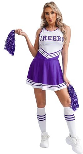 iiniim Damen Cheer Leader Kostüm Cheerleading Uniform Set Minikleid mit Pompons Socken Cosplay Halloween Fasching Karneval Verkleidung Lila M