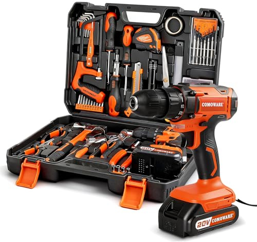COMOWARE Household Tool Set with 20V Cordless Drill Driver, 120Pcs Hand Tool Kit for Men, Power Drill Set with Plastic Toolbox, Ideal for Office, Garden, DIY Project