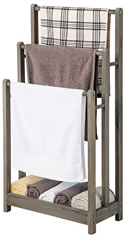 COSTWAY Freestanding Towel Rack, Solid Wood Towel Holder Drying Stand with 3 Towel Rails and Storage Shelf, Bathroom Accessory Organizer for Bath & Hand Towels, 45x22x86cm (Pine Wood, Vintage Grey)