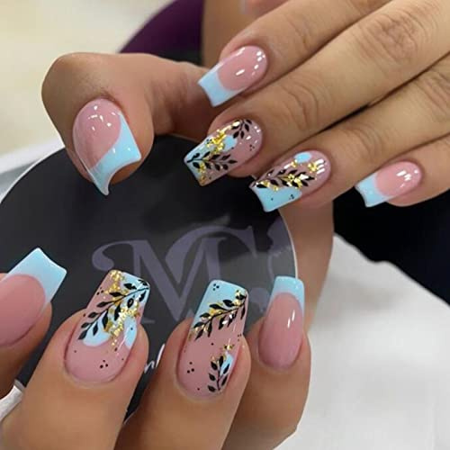 24 Stück Eckig Nägel Zum Aufkleben Kurz, Rosa Blau French Künstliche Nägel, Ballerina Natural Kunstnägel Press on Nails mit Ahornblatt Design, Square Fingernägel Fake Nails für Frauen und Mädchen