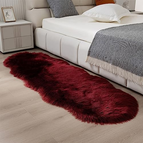 CKLZSAY Faux Fur Rug Runner 2x6 ft Burgundy - Machine Washable Super Soft Plush Shaggy Fluffy Area Carpet,Sheepskin Rug Fuzzy Floor Mat for Bedroom, Sofa,Living Room, Bedside, Nursery & Kids Room