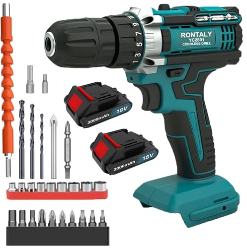 Cordless Drill, 21-Volt Electric Screwdriver Drill 2 Variable Speed, LED Work Light, MAX 2000 RPM with 26PCS Drill Bits Set DIY Tool for Home Drilling Wood/Metal (2 X 3.0 Ah Battery)