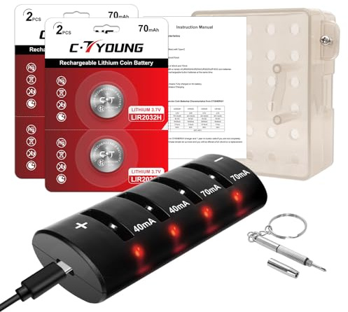LIR2032 Cargador de batería recargable de alta capacidad 3,7 V 70 mA y 4 pilas de botón – Reemplazo para Coin Cell Lithium ML2032