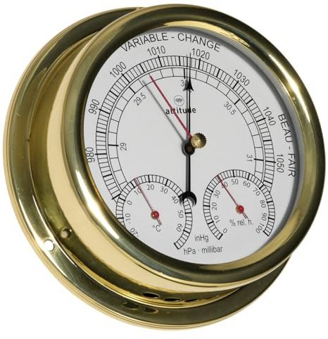 Barometer/Thermometer/Hygrometer Altitude, Messing poliert, Glas aus PMMA Acryl, Durchmesser 150 mm, Tiefe 42 mm, made in Dänemark