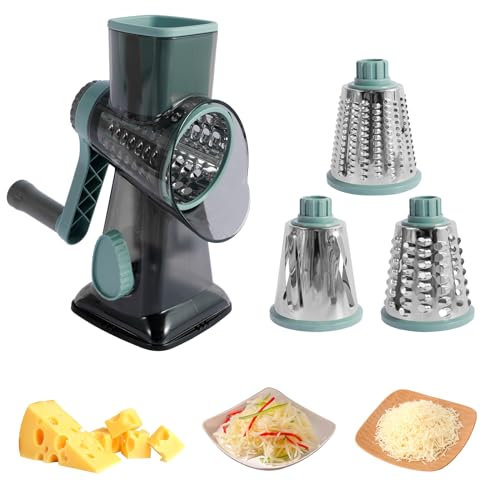 Rotary Cheese Grater, Stainless Steel Round Vegetable Slicer with 3 Drums Blades Vacuum Suction Base, Drum Grater Chopper Drum Vegetable Cutter Non-Slip Detachable for Cheese Potato Zucchini Nuts