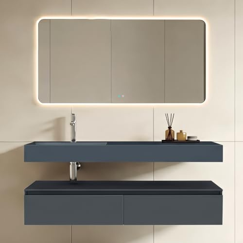 doporro Set Mobile Bagno Sospeso 150 cm con Lavabo Integrato e Specchio LED | Antracite, Specchio 140x70 cm, UP F029 Colossum12-1500L-matt Nova-02