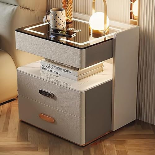Wireless Charging Smart Nightstand with LED Lights and Tempered Glass Top - Open Storage Bedside Table for Bedroom Furniture
