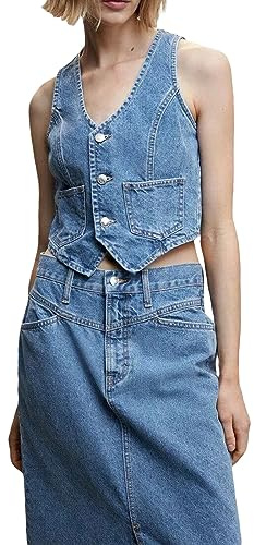 Edhomenn Chaleco de mezclilla para mujer, cuello en V, con botones, chaleco de moda, chaleco de verano Y2K, ropa de calle, 01 Azul, S