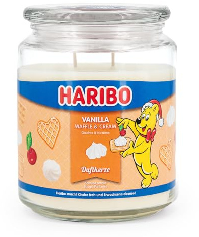 Haribo Duftkerze im Glas | Vanilla Waffle Cream 510g | Duftkerze Vanille mit Buttercreme | 2 Dochte | Brenndauer bis 100h | Geschenkidee für Winter & Weihnachten | Vanille Buttercreme Kokosflocken Aromakerze, 100% Baumwolldochte, Geschenkidee für Frauen, 510g