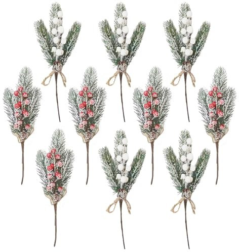 Wnvivi 10 Pièces Tiges de Baies de Pin Faux Houx, Branches de Pin Givrées par la Neige de 35 Cm, Tiges de Pin Artificielles avec Baies Rouges et Blanches pour la Décoration de (C)