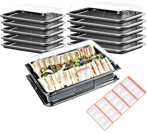 Caterline 5 Large & 5 Medium Sandwich Platter Trays with Lids & Allergy Labels - Reusable Buffet Catering Trays with Anti Slip Design | Platters for Party Food Events | Cakes, Salads & Buffets