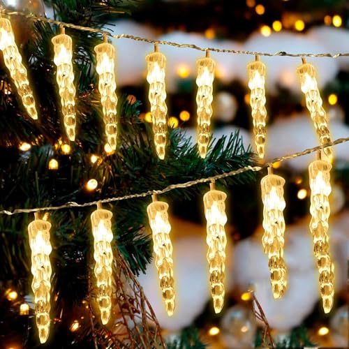 SUAVER LED Eiszapfen Lichterkette Außen und Innen, Wasserdicht 10M 80LED Eiszapfenleuchten Batteriebetrieben Eisregen Weihnachtsbeleuchtung Meteorschauer Lichte für Garten Außendeko (10m 80LED Warm)