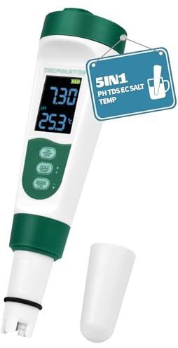 pH-meter 5 i 1 pH-testare EC TDS salt (%) termometer, pH-mätare för pool dricksvatten spa akvarium elektronisk hydroponi PH-mätare med ATC-funktion