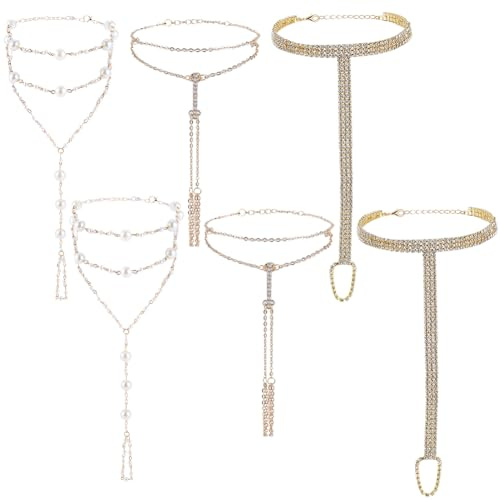 CABODYALS 6 Stück 3 Stile Fußkette Barfußsandalen Fußschmuck Damen Legierung Boho Gold Strass Perle Kristall Sommer Strand Fußkettchen Armband Mit Zehenring Für Frauen Party Hochzeit Braut Accessoires