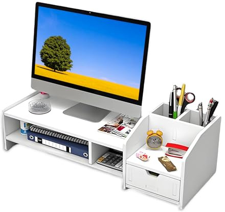 aichilra Monitorständer mit Schublade, 63 x 23 x 18 cm, Weiß, Büro | Ergonomische Bildschirmerhöhung mit Stifthalter für Laptop und Computer, mehr Ordnung und Stauraum am Schreibtisch