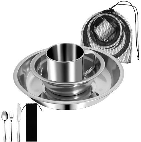 Camping Plates and Bowls Set for 2, Lelezia Stainless Steel Portable Crockery Sets, Mess Kit Includes Plate, Cup, Bowl and Cutlery Set, Camping Essentials for Travel & Outdoor
