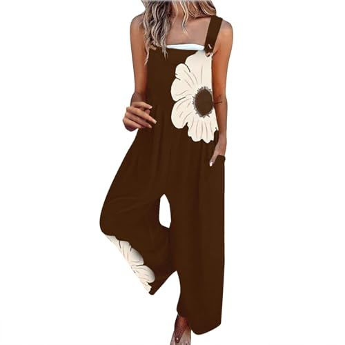 Angxiwan Sparkly Jumpsuits for Women UK Plus Size Dungarees for Women UK Plus Size Floral Print Sleeveless Suspender Jumpsuit with Pocket Summer Loose Fit Button Adjustable Late Deals of The Day