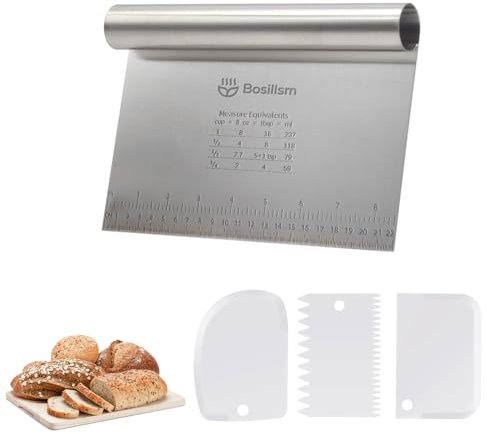 Bosillsm Stainless Steel Dough Card Set (4 Pieces) - Dough Cutter Large with Measuring Scale, 22 x 11.5 cm | Dough Scraper & Dough Spatula for Pizza, Cake, Cake & Baking Utensils