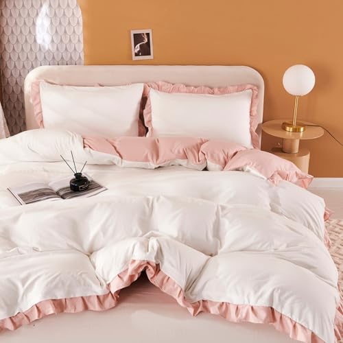 Freyamy Mädchen Bettwäsche 135x200 Rüschen Weiß Rosa Plisseefalten Aesthetic Bettwäsche-Sets Gewaschene Microfaser ÖKO-TEX Bettbezug 1 Deckenbezug mit Reißverschluss und 1 Kissenbezug 80x80cm