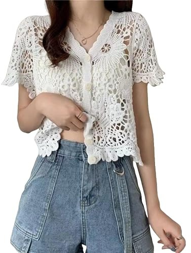 Chaleco De Crochet Bohemio Hippie para Mujer, Top Corto De Crochet Calado para Mujer, Blusa De Manga Corta De Verano, Suéter De Punto Abierto, Chaleco con Botones Y Encaje Blanco