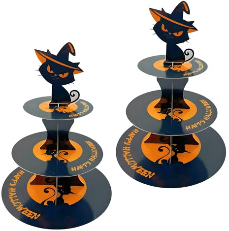Paquete de 2 soportes de cartón para tartas, soporte redondo de cartón de 3 niveles para cupcakes, soporte redondo de cartón para tartas de Halloween, suministros de fiesta de Halloween, exhibición de