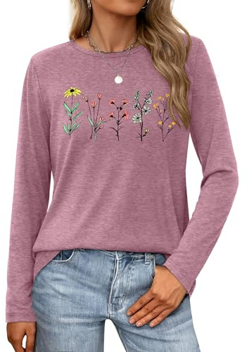 tiorhooe Long Sleeve Tops Women Casual Crew Neck Fashion Going Out Tee Top | Floral Dandelion Prints, Soft Breathable Fabric, Comfy Relaxed Fit, Versatile Daily Wear, Easy Care, Machine Washable