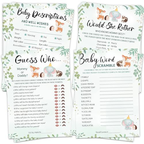 HOMANGA Baby Shower Games, 4 Fun Games for 25 Guests, Woodland Animal Theme, Who Knows Mommy Best, Guess Who Mommy or Daddy, Word Scramble, Gender Neutral Baby Shower Decorations for Boy or Girl